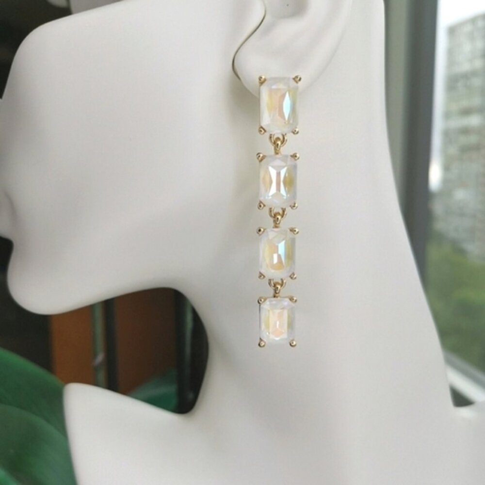 Long White Opal Crystal chandelier earrings in gold tone